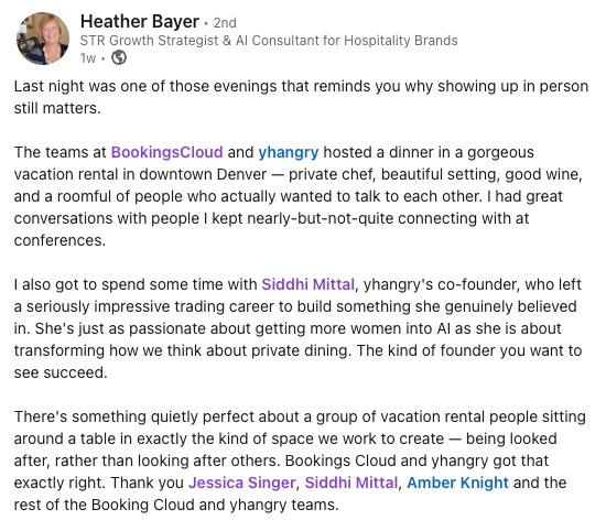 LinkedIn post by Heather Bayer about the dinner