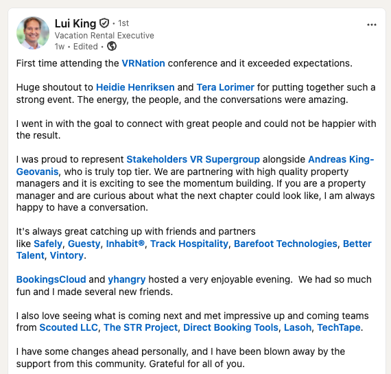 LinkedIn post by Lui King about the VR Nation dinner